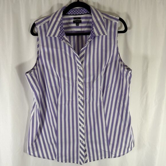 Talbots Blouse Women's 16 Purple White Striped Button Up Vneck Collared Non Iron - Picture 1 of 9
